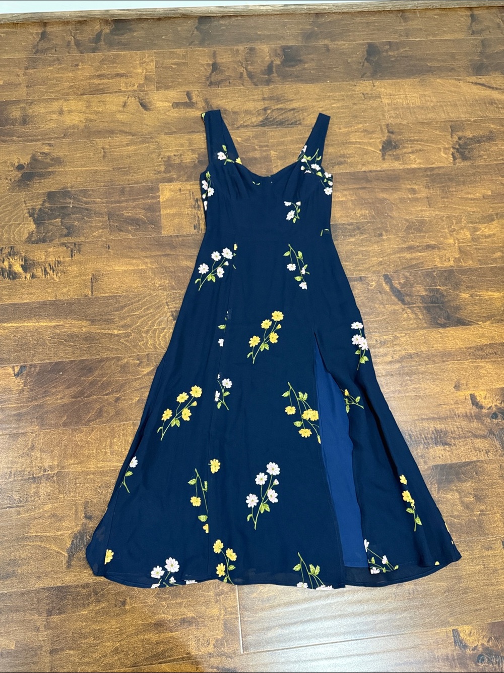 Reformation Navy Floral Maxi Dress with Yellow Accents
